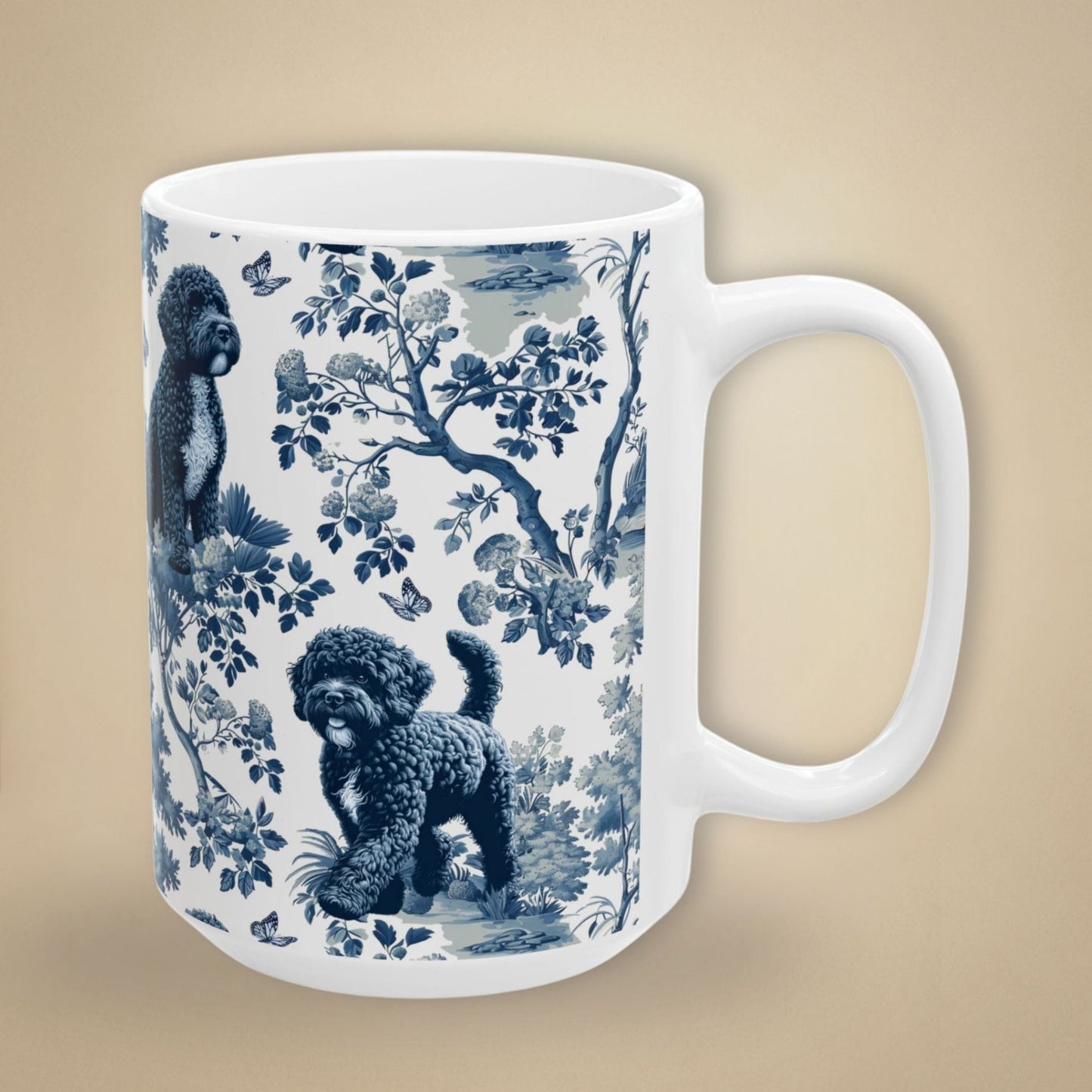 15 oz blue toile Portuguese Water Dog coffee mug, side view