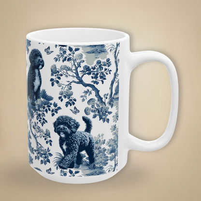 15 oz blue toile Portuguese Water Dog coffee mug, side view