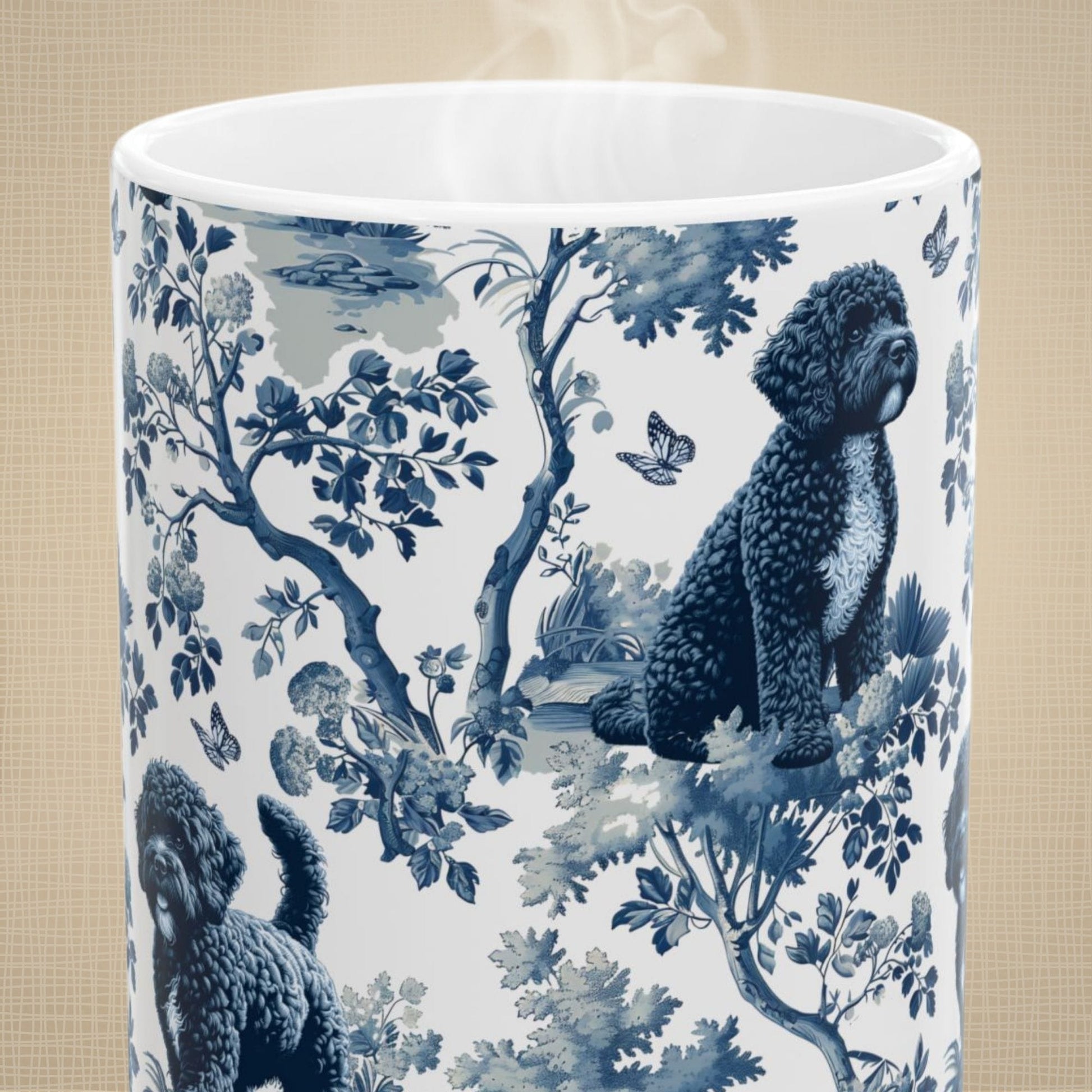 Close-up of the blue toile pattern on a Portuguese Water Dog coffee mug