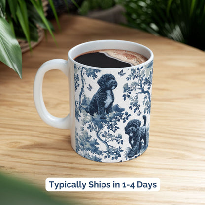 Blue toile Portuguese Water Dog coffee cup styled on a wooden board in a festive setting