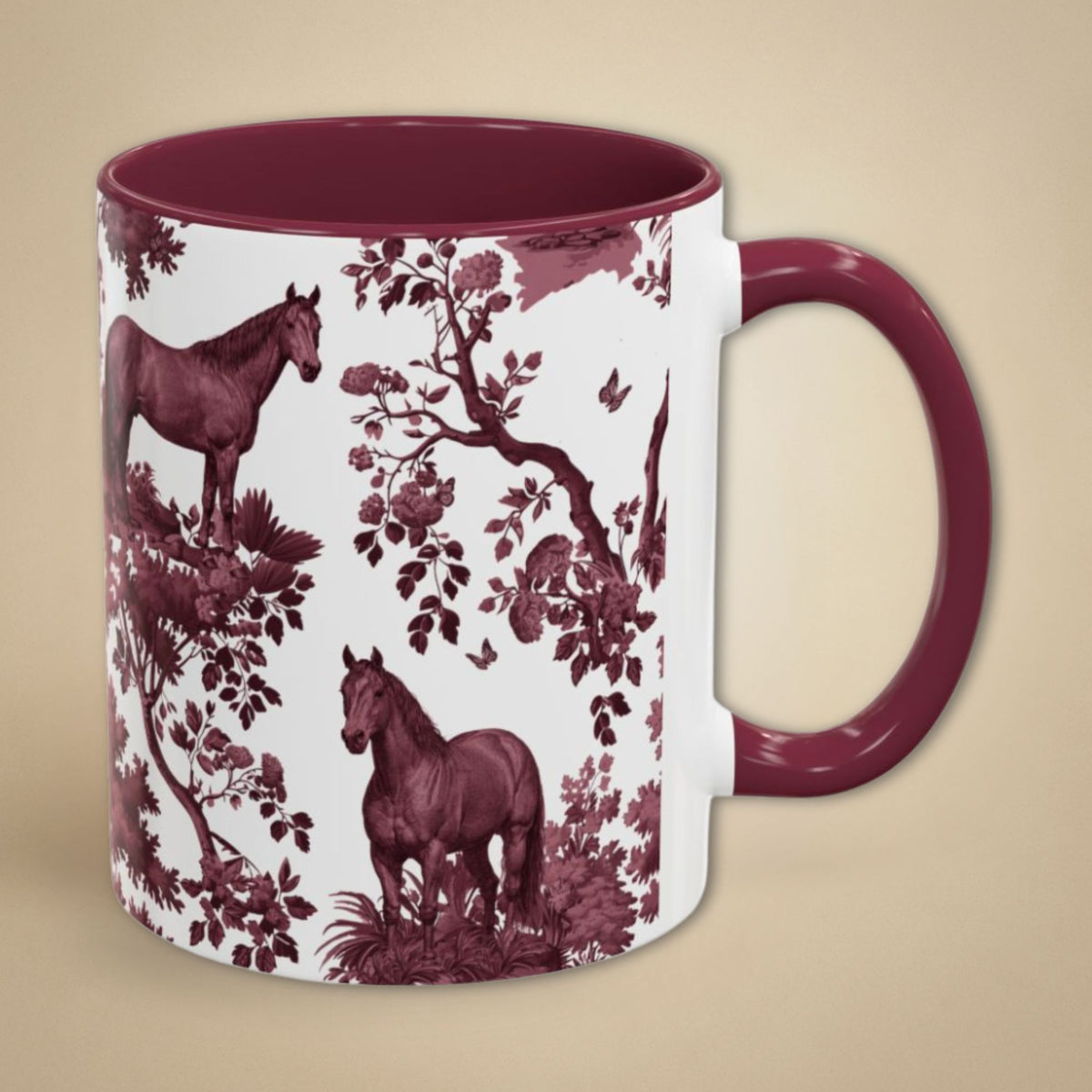 Quarter Horse cranberry toile 11 oz ceramic mug, right view