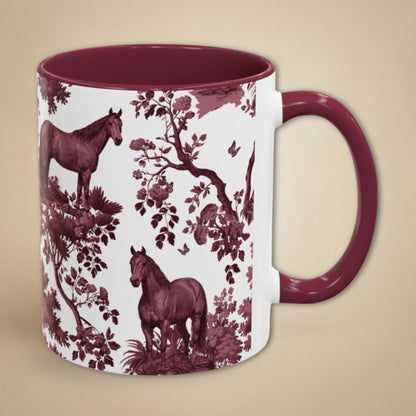 Quarter Horse cranberry toile 11 oz ceramic mug, right view