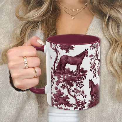 Quarter Horse cranberry toile 11 oz ceramic mug, left view