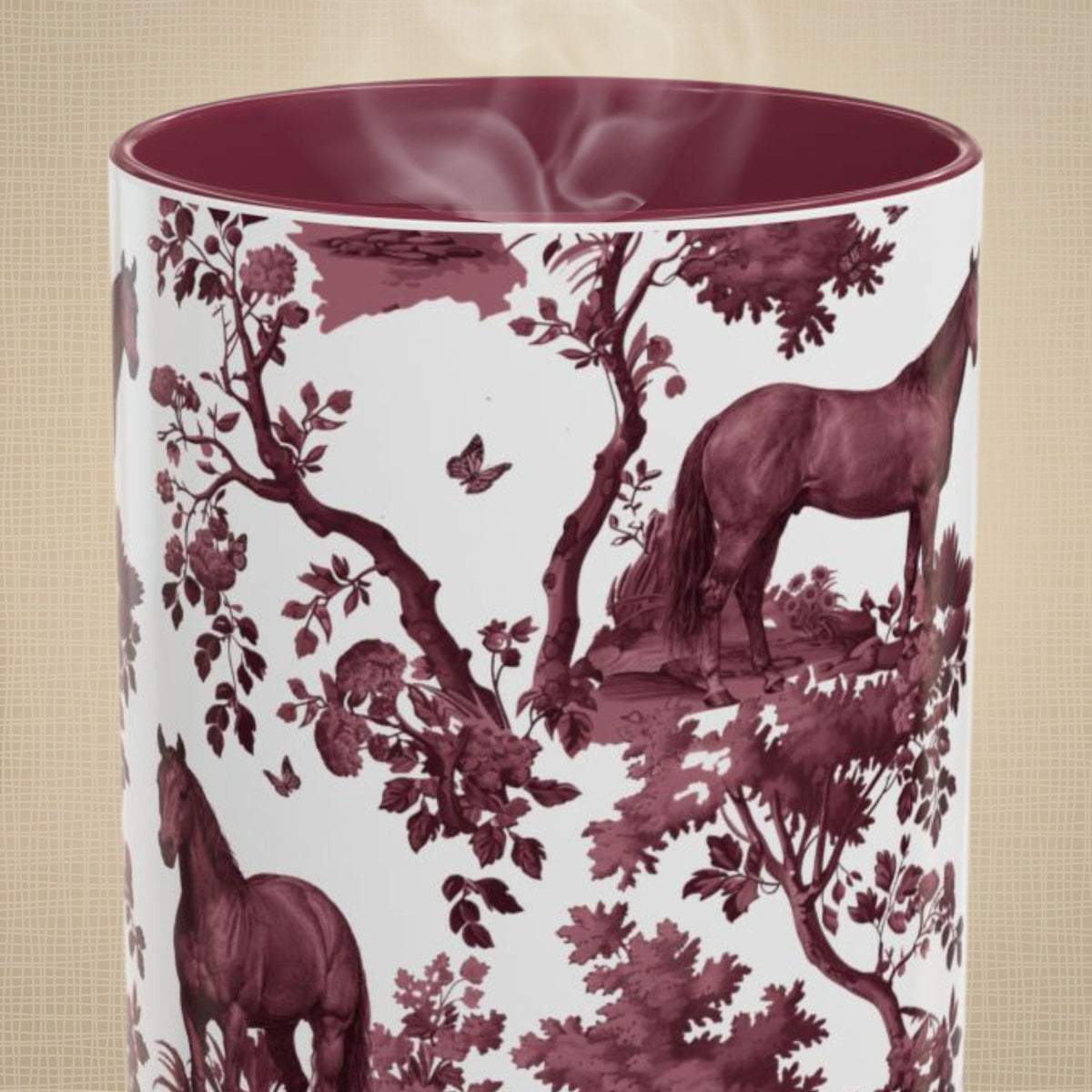 Quarter Horse cranberry toile 15 oz ceramic mug, front view
