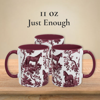 Quarter Horse cranberry toile 11 oz ceramic mug, left, front and right views