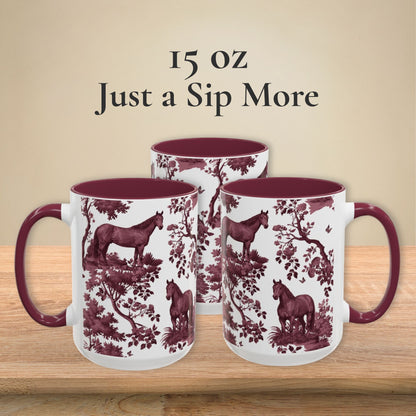 Quarter Horse cranberry toile 15 oz ceramic mug, left, front and right views