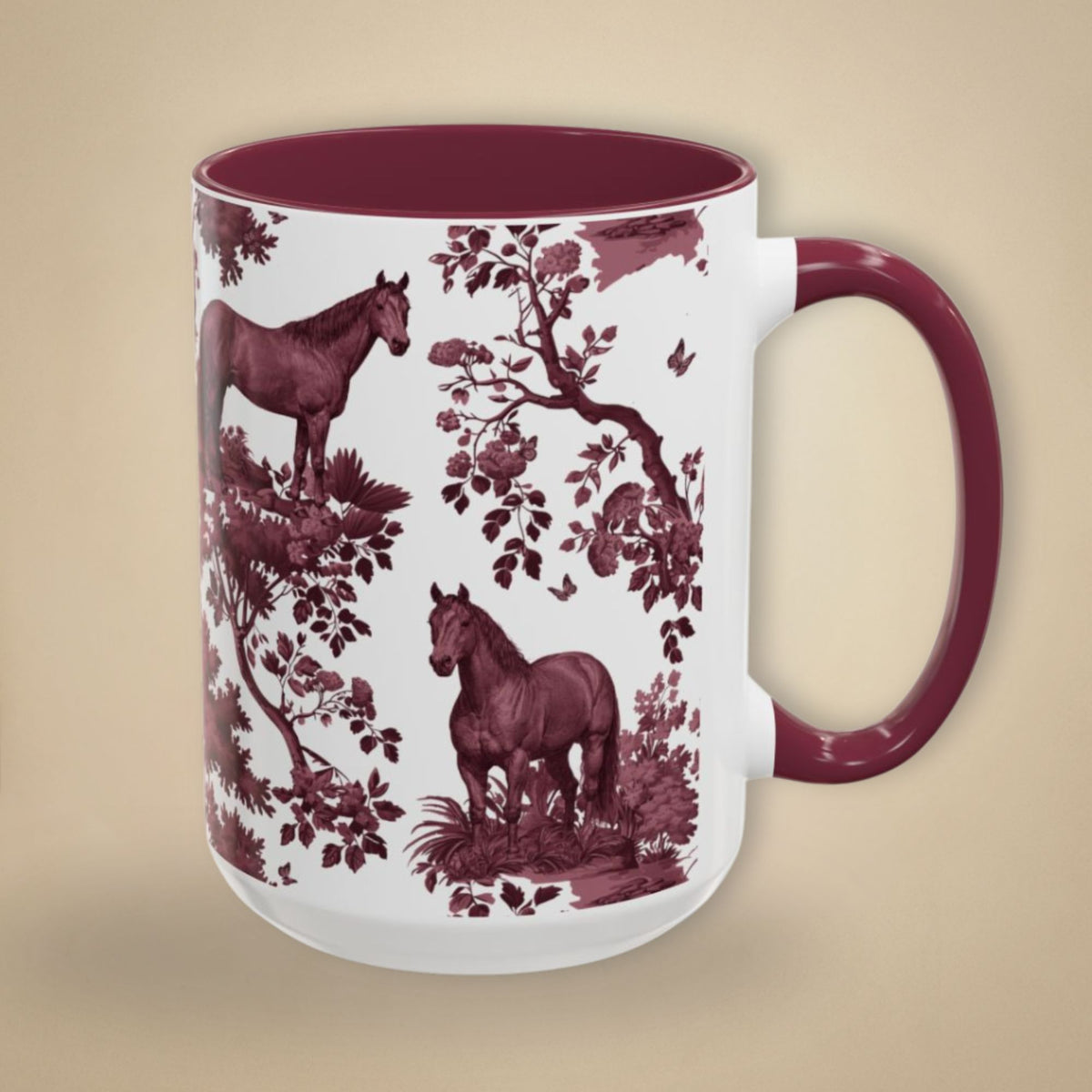 Quarter Horse cranberry toile 15 oz ceramic mug, right view