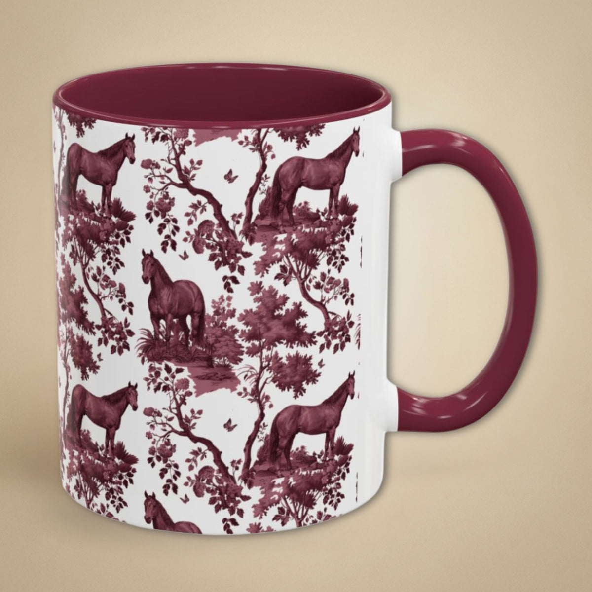 Quarter Horse petite cranberry toile 11 oz ceramic mug, right view