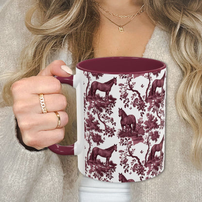 Quarter Horse petite cranberry toile 11 oz ceramic mug, left view