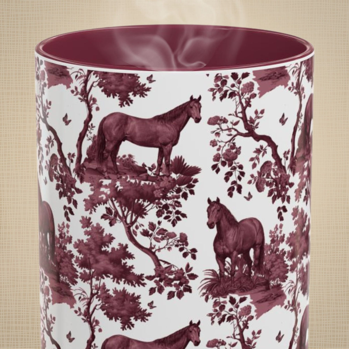 Quarter Horse petite cranberry toile 15 oz ceramic mug, front view