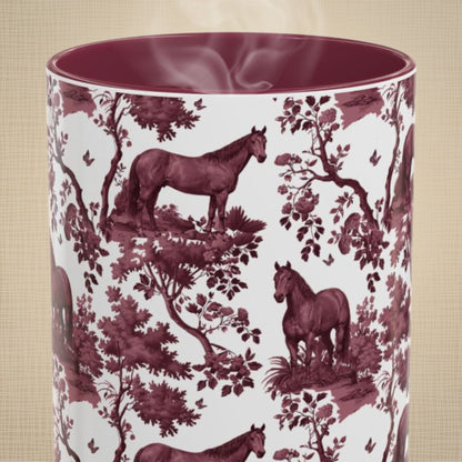 Quarter Horse petite cranberry toile 15 oz ceramic mug, front view
