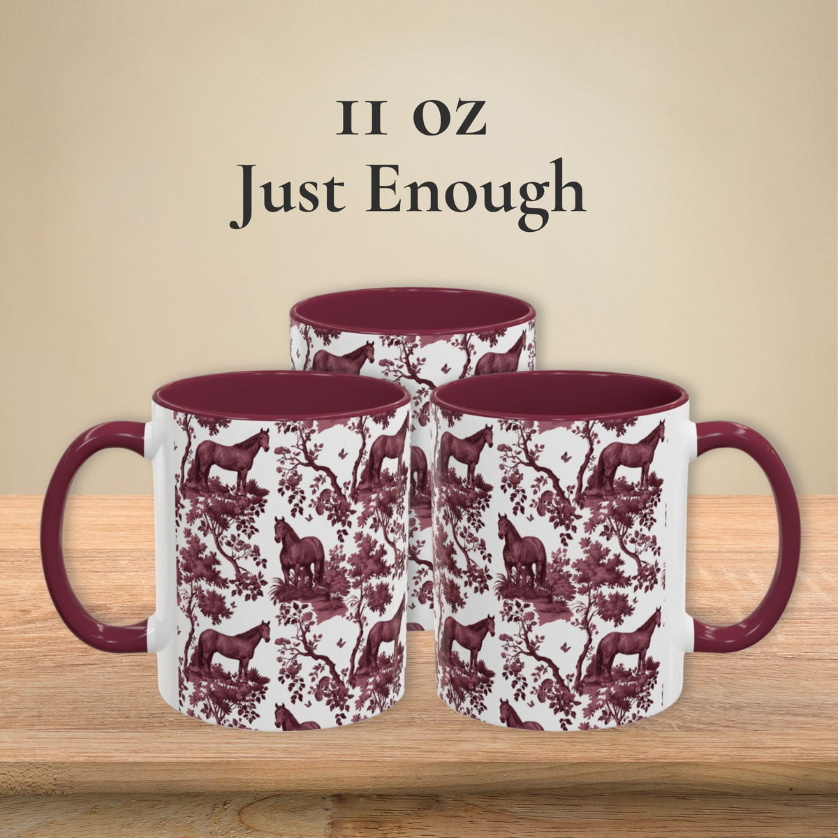 Quarter Horse petite cranberry toile 11 oz ceramic mug, left, front and right views
