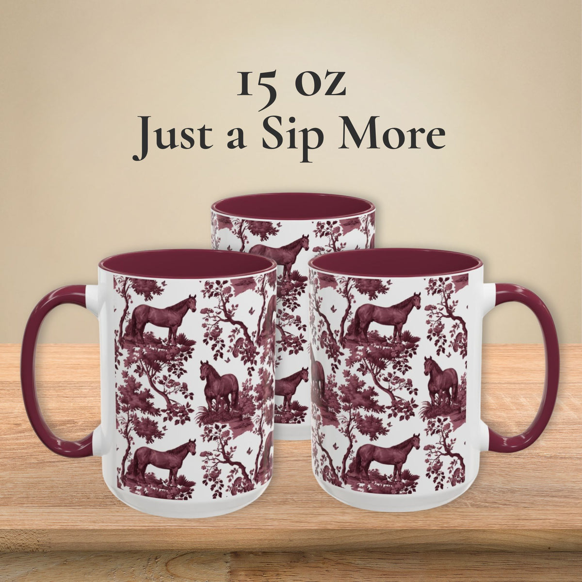 Quarter Horse petite cranberry toile 15 oz ceramic mug, left, front and right views