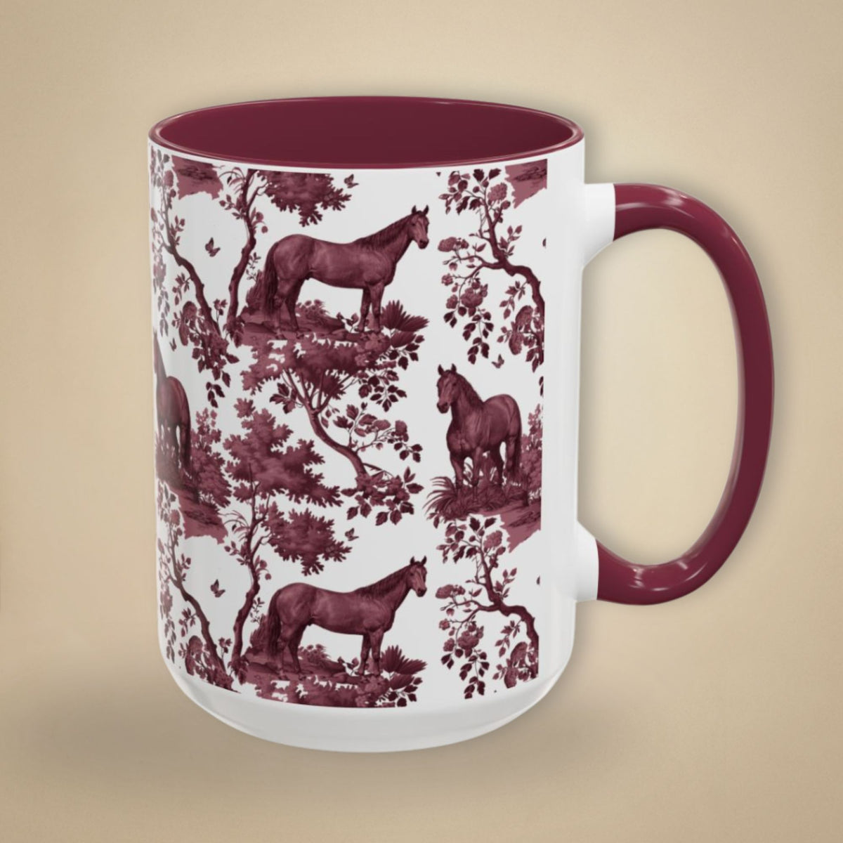Quarter Horse petite cranberry toile 15 oz ceramic mug, right view