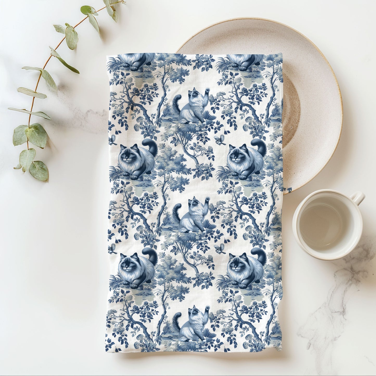 Ragdoll Cat Cotton Tea Towels - Toile Pattern
