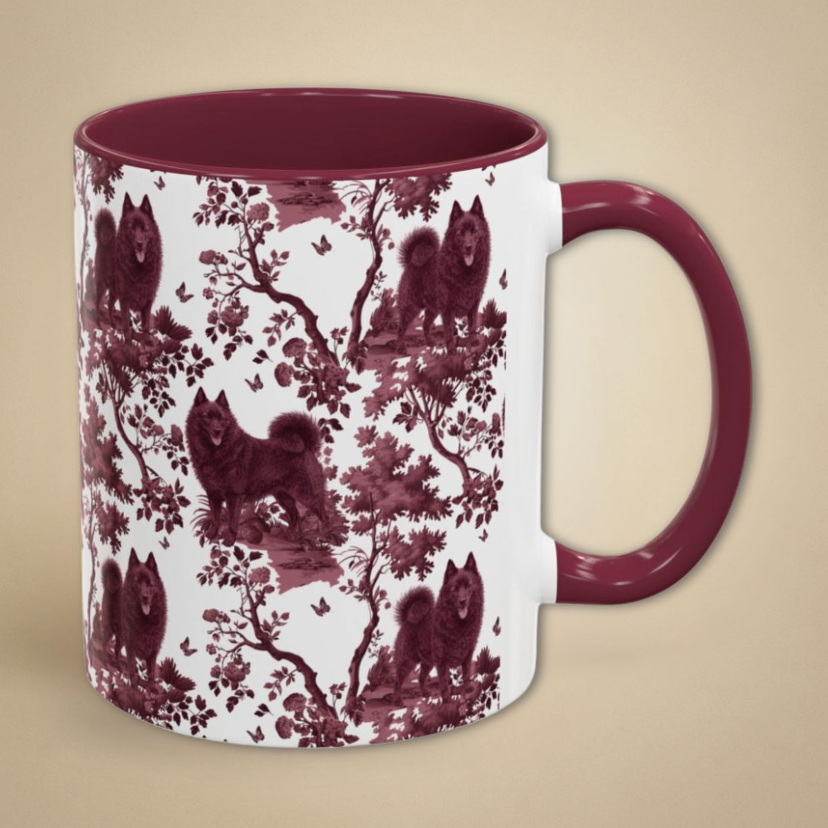 Schipperke petite cranberry toile 11 oz ceramic mug, right view