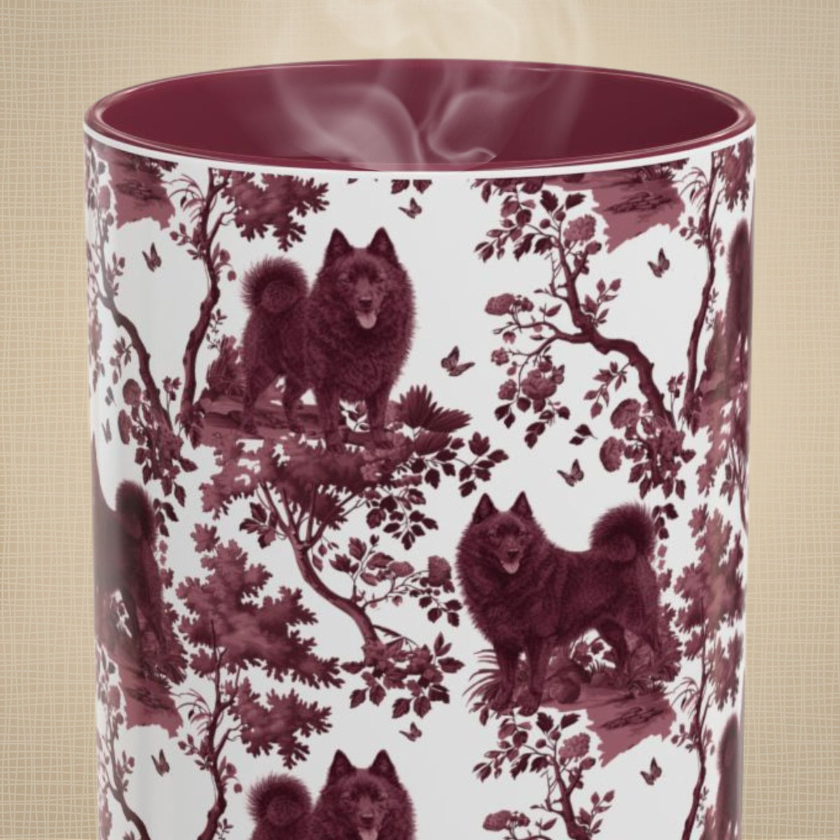 Schipperke petite cranberry toile 15 oz ceramic mug, front view