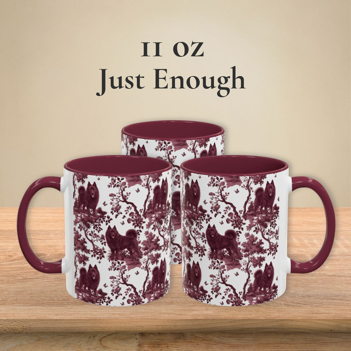 Schipperke petite cranberry toile 11 oz ceramic mug, left, front and right views