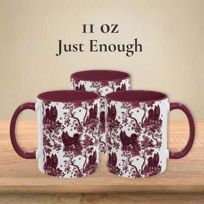 Schipperke petite cranberry toile 11 oz ceramic mug, left, front and right views
