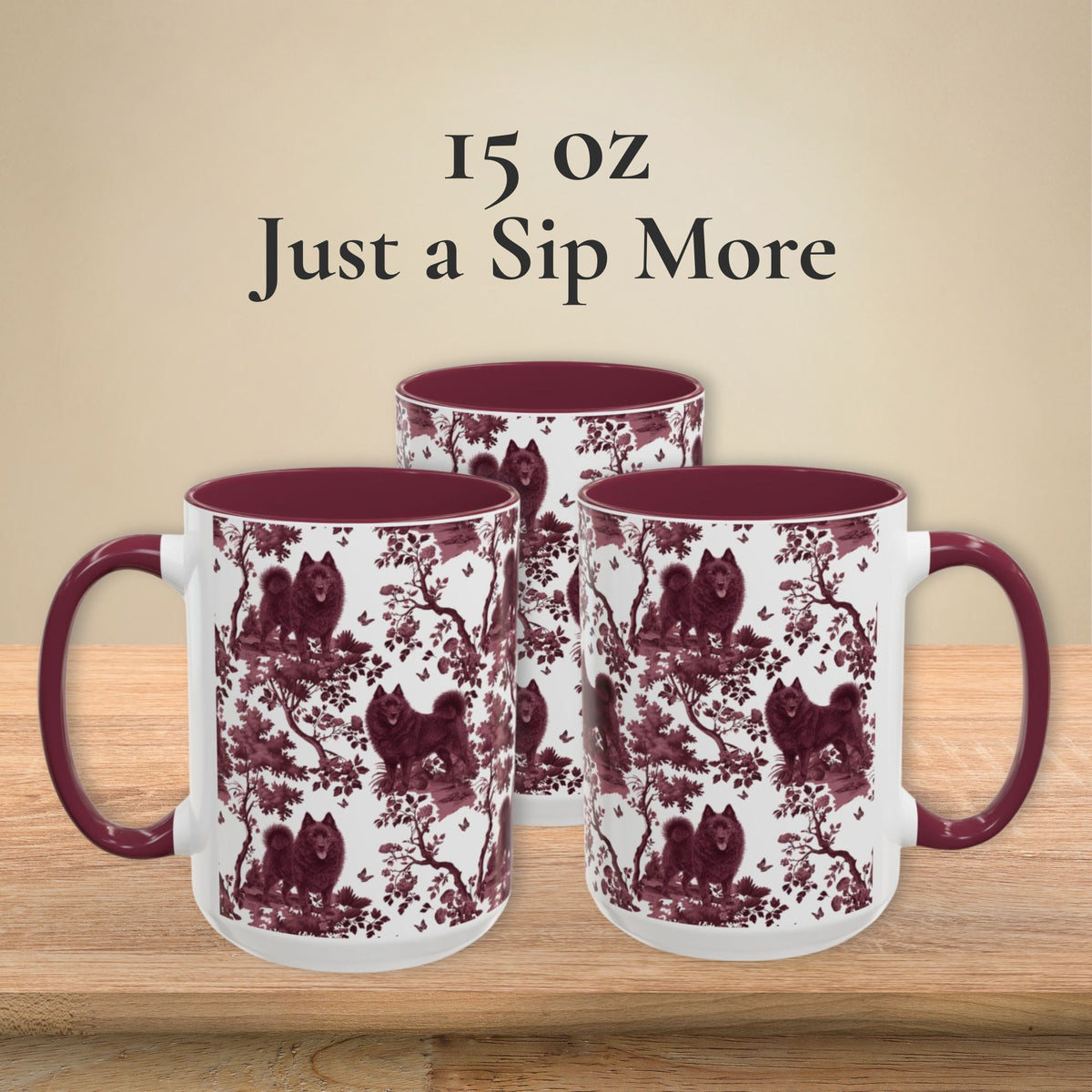 Schipperke petite cranberry toile 15 oz ceramic mug, left, front and right views