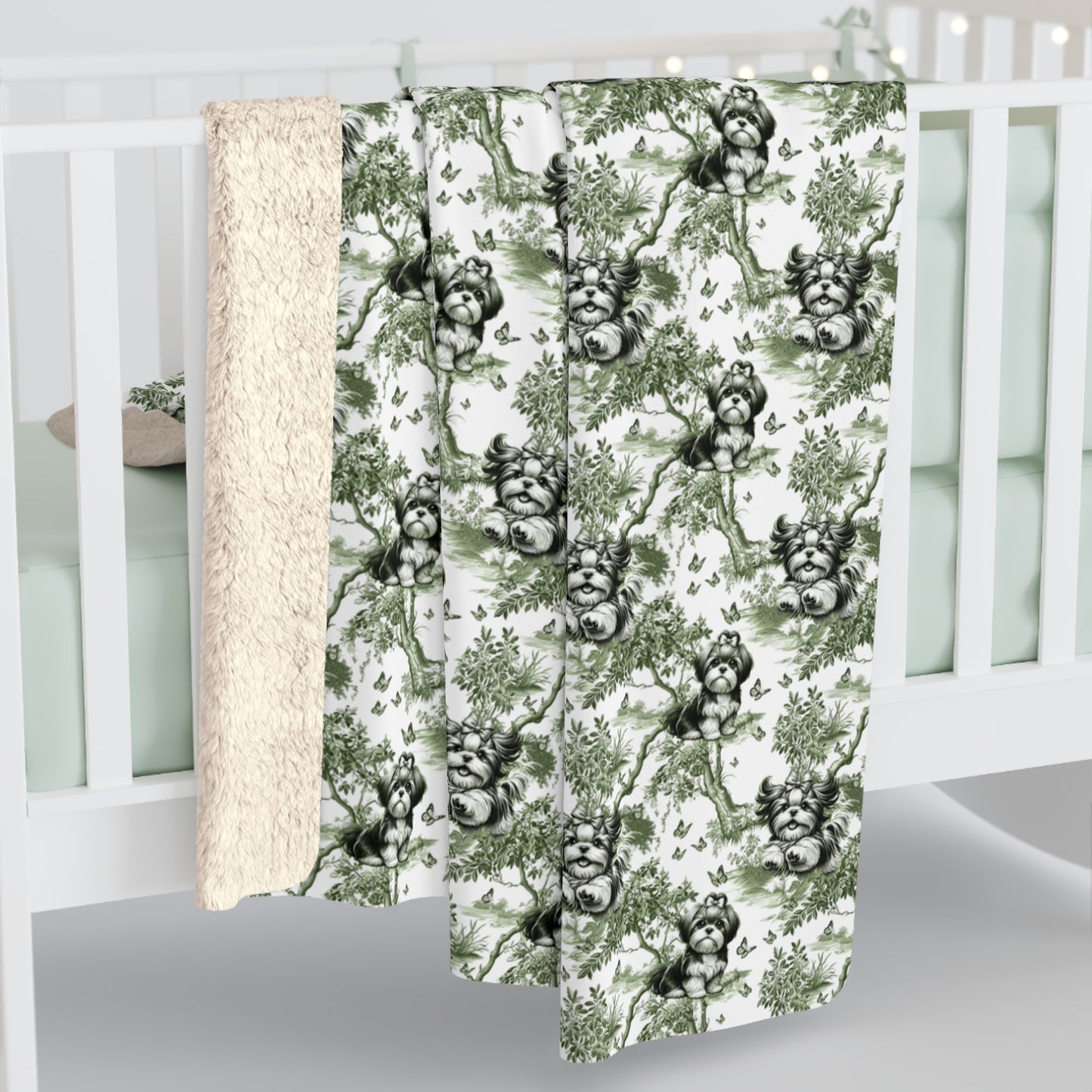 Shih Tzu Blanket - Sage Green Toile Pattern