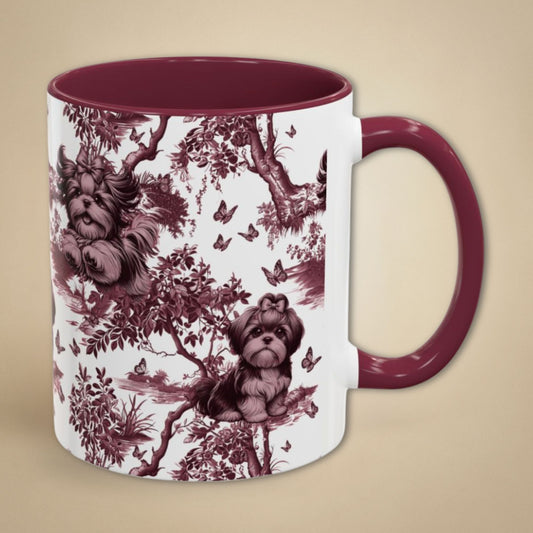 Shih Tzu & Butterfly cranberry toile 11 oz ceramic mug, right view