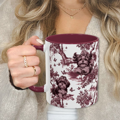 Shih Tzu & Butterfly cranberry toile 11 oz ceramic mug, left view