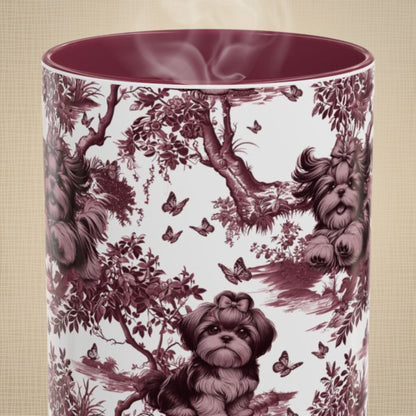 Shih Tzu & Butterfly cranberry toile 15 oz ceramic mug, front view