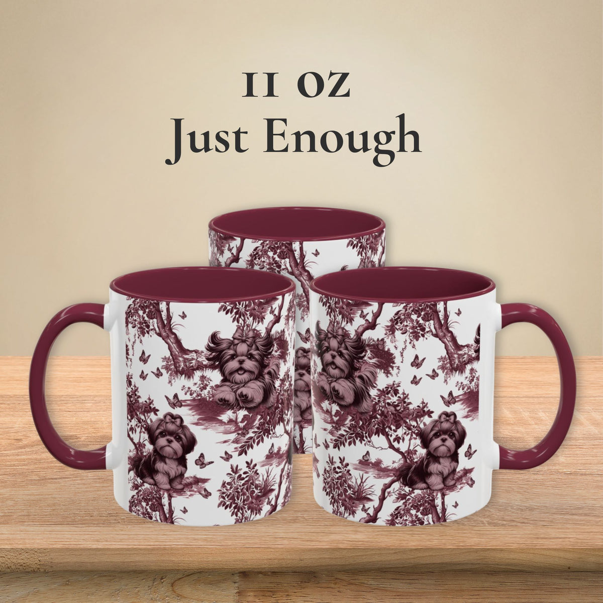 Shih Tzu & Butterfly cranberry toile 11 oz ceramic mug, left, front and right views