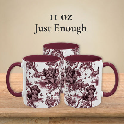 Shih Tzu & Butterfly cranberry toile 11 oz ceramic mug, left, front and right views