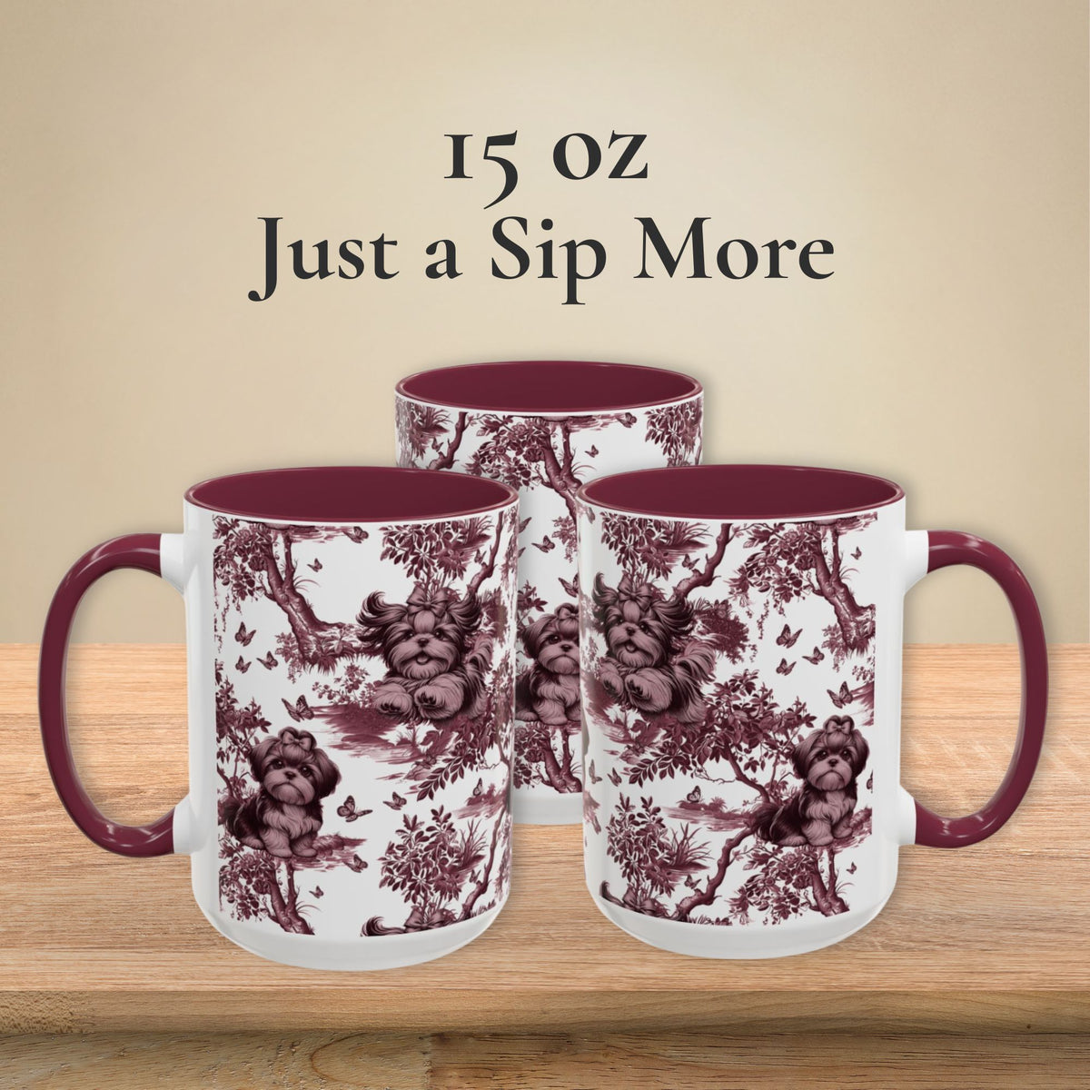 Shih Tzu & Butterfly cranberry toile 15 oz ceramic mug, left, front and right views