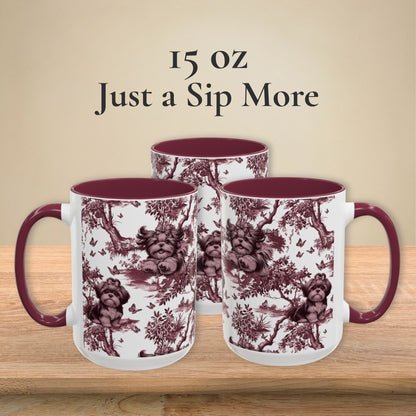 Shih Tzu & Butterfly cranberry toile 15 oz ceramic mug, left, front and right views