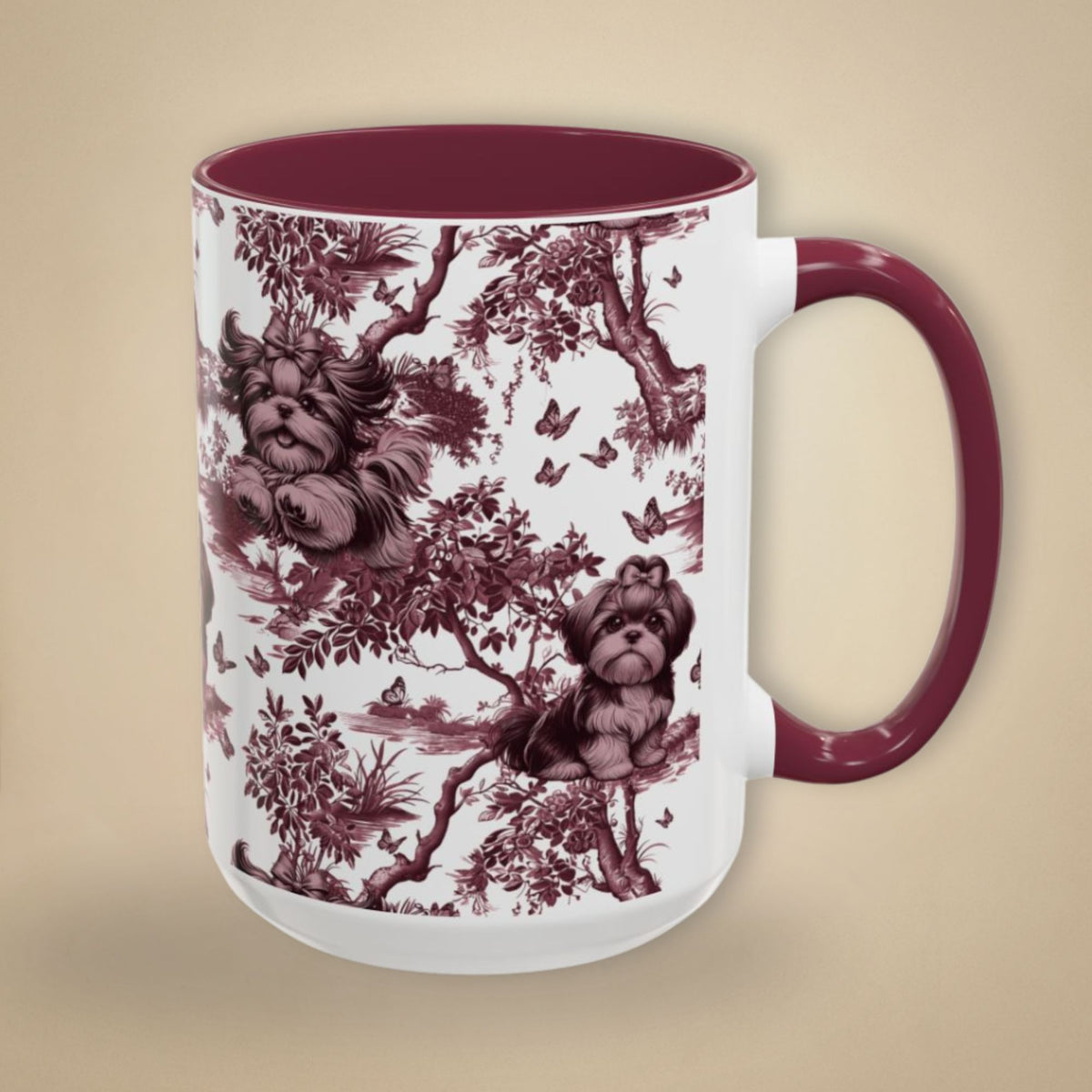 Shih Tzu & Butterfly cranberry toile 15 oz ceramic mug, right view