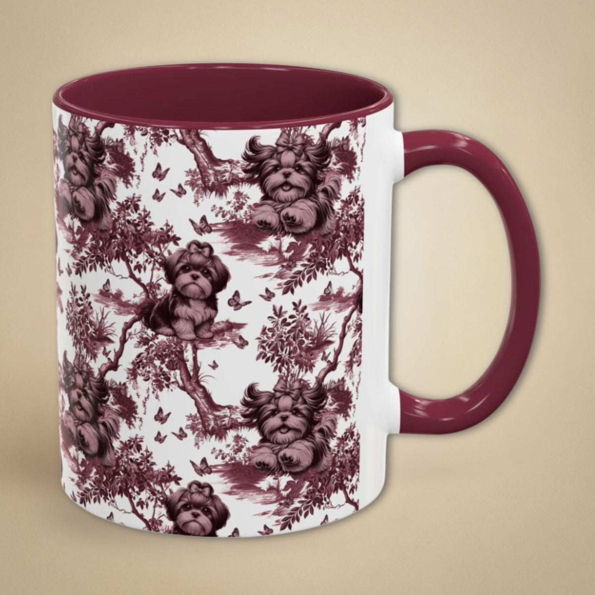 Shih Tzu & Butterfly petite cranberry toile 11 oz ceramic mug, right view