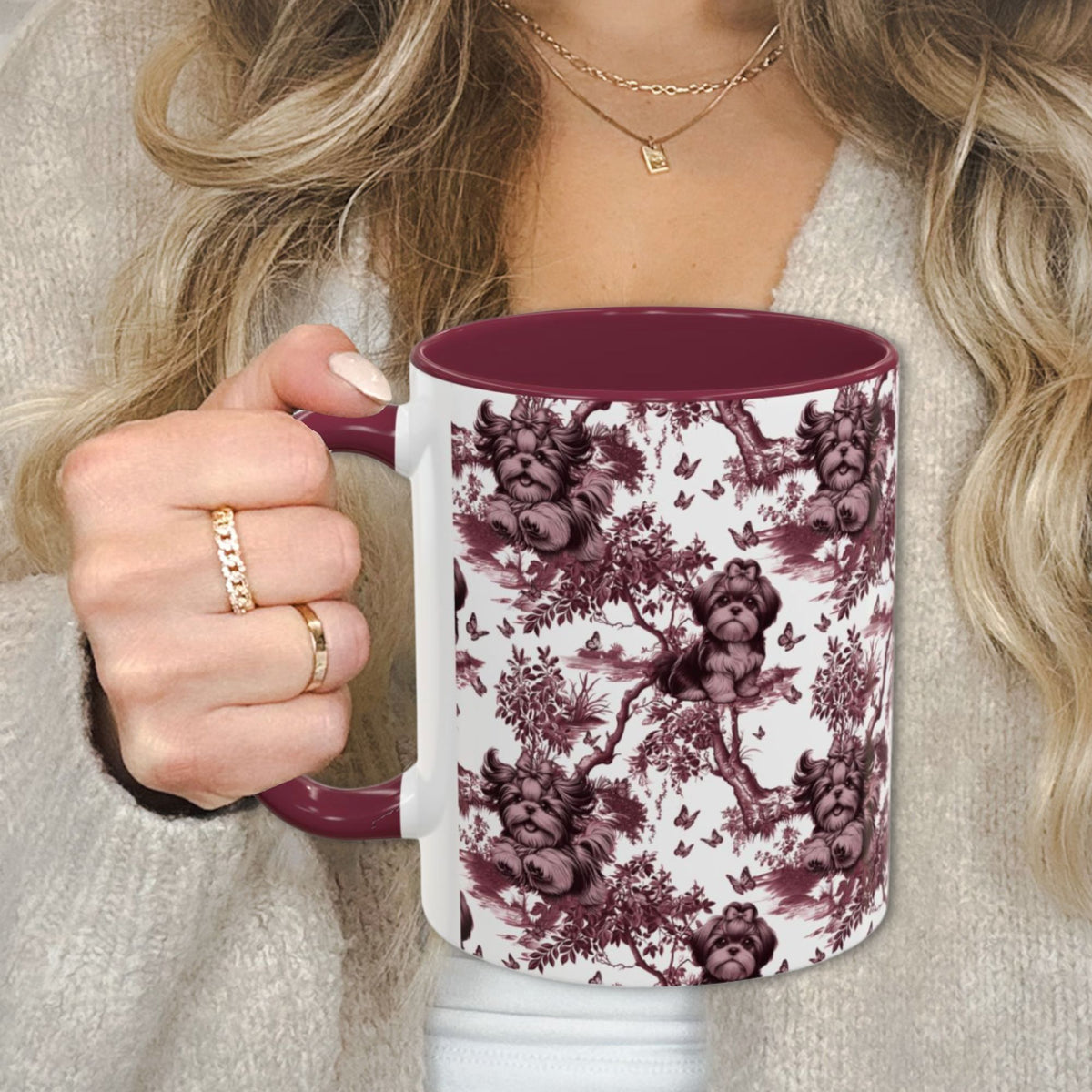 Shih Tzu & Butterfly petite cranberry toile 11 oz ceramic mug, left view