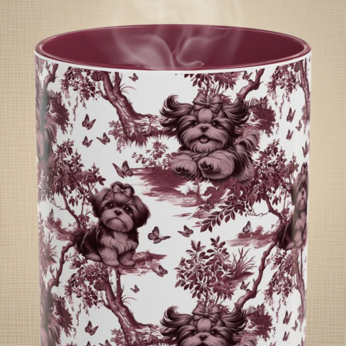 Shih Tzu & Butterfly petite cranberry toile 15 oz ceramic mug, front view