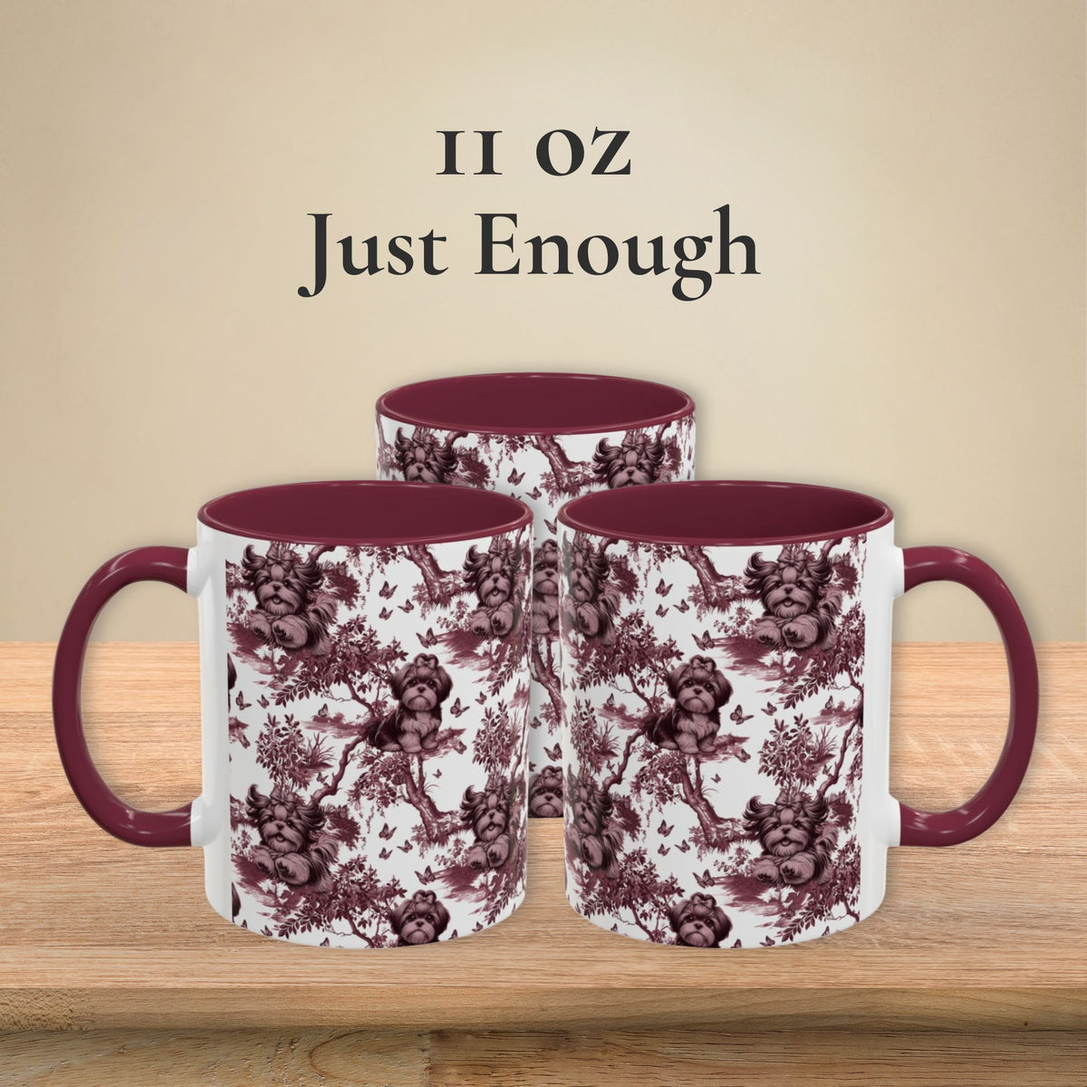 Shih Tzu & Butterfly petite cranberry toile 11 oz ceramic mug, left, front and right views