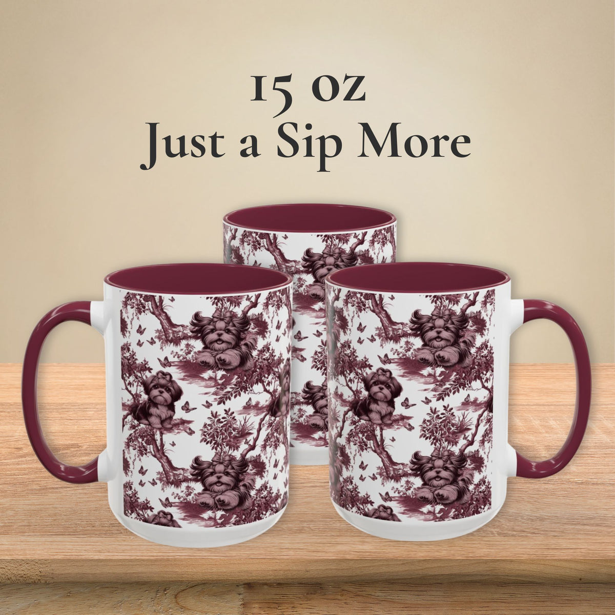 Shih Tzu & Butterfly petite cranberry toile 15 oz ceramic mug, left, front and right views