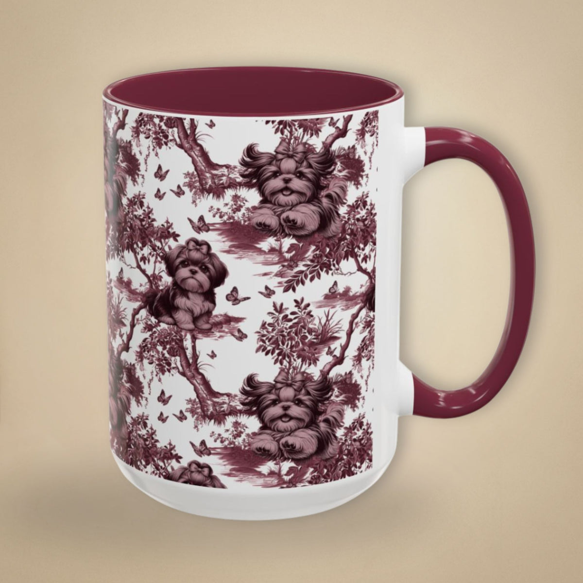 Shih Tzu & Butterfly petite cranberry toile 15 oz ceramic mug, right view