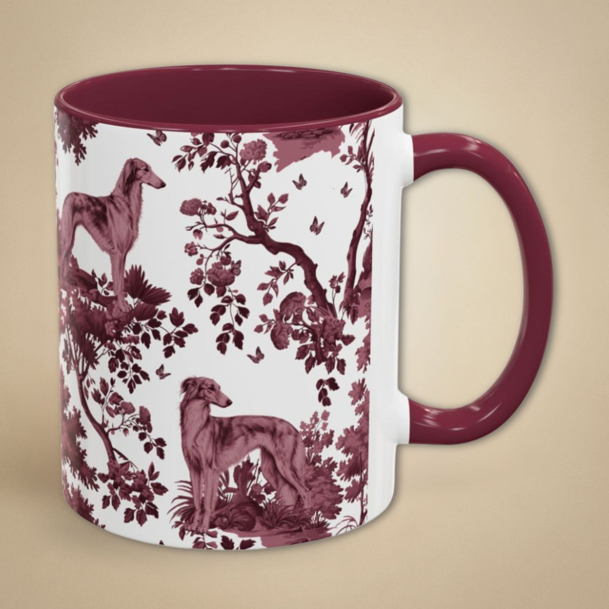 Silken Windhound cranberry toile 11 oz ceramic mug, right view
