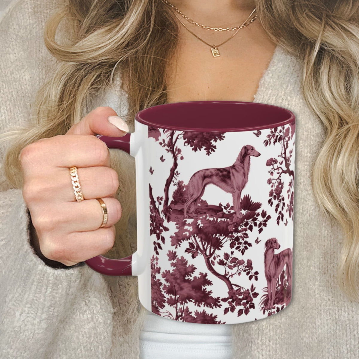 Silken Windhound cranberry toile 11 oz ceramic mug, left view
