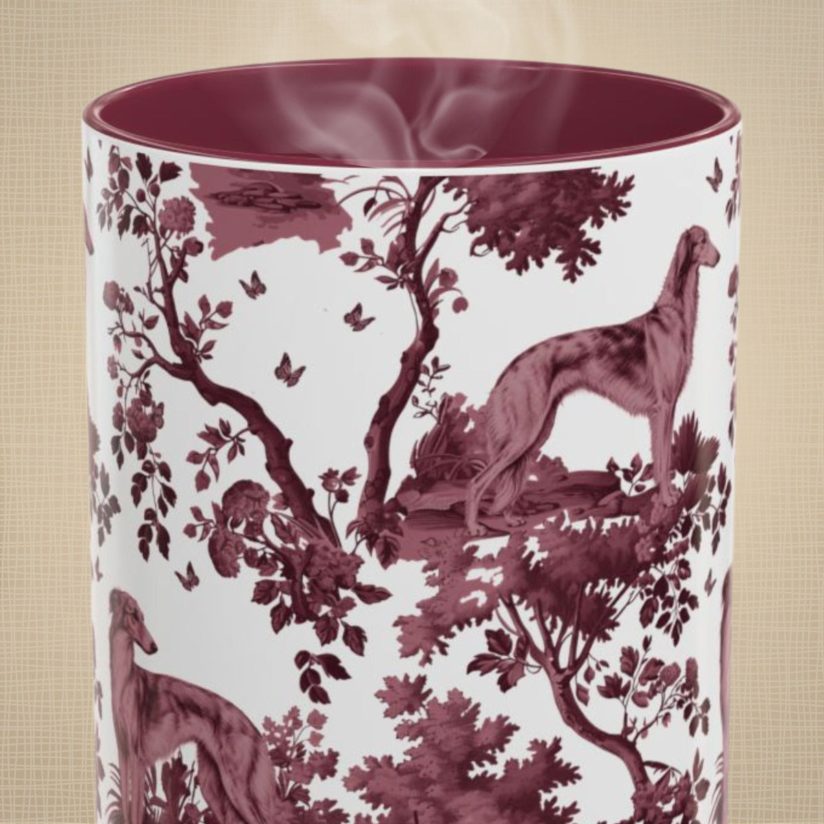 Silken Windhound cranberry toile 15 oz ceramic mug, front view