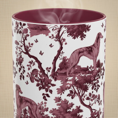 Silken Windhound cranberry toile 15 oz ceramic mug, front view