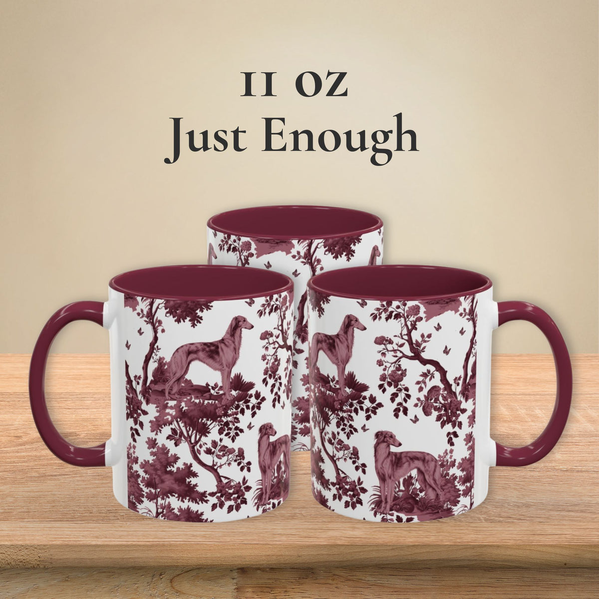 Silken Windhound cranberry toile 11 oz ceramic mug, left, front and right views