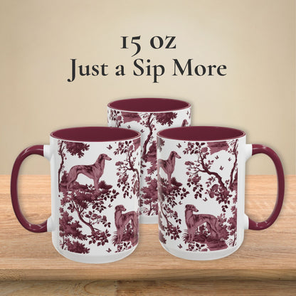 Silken Windhound cranberry toile 15 oz ceramic mug, left, front and right views