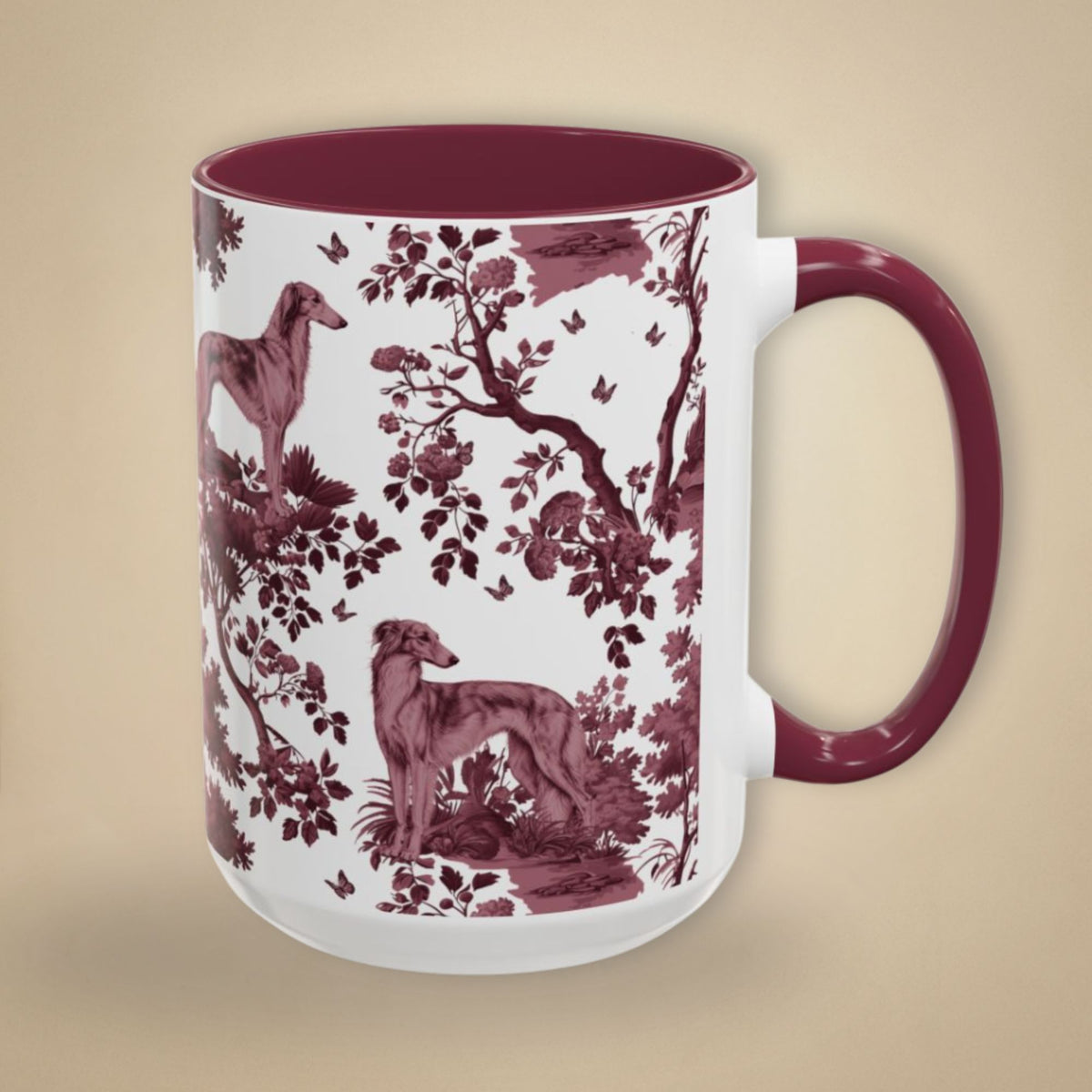 Silken Windhound cranberry toile 15 oz ceramic mug, right view