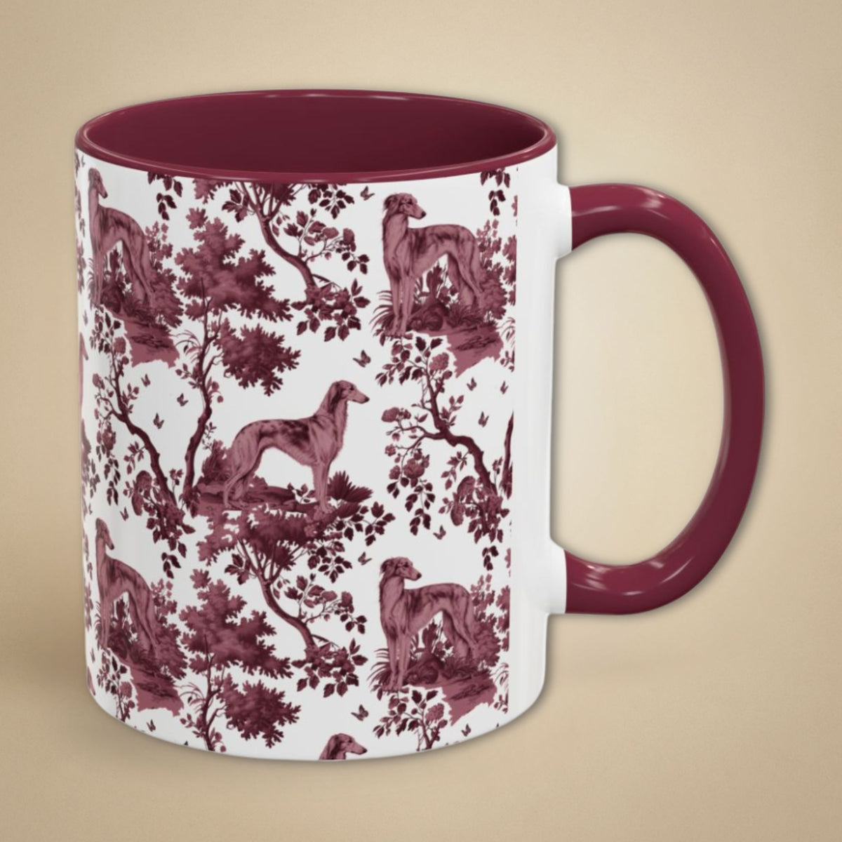 Silken Windhound petite cranberry toile 11 oz ceramic mug, right view