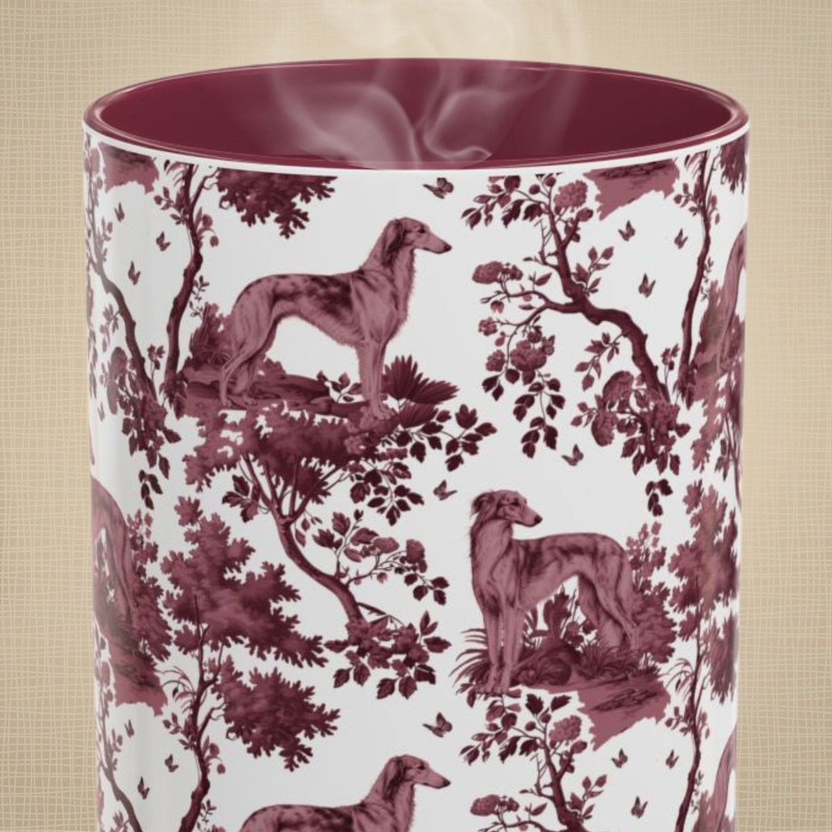 Silken Windhound petite cranberry toile 15 oz ceramic mug, front view