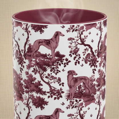 Silken Windhound petite cranberry toile 15 oz ceramic mug, front view