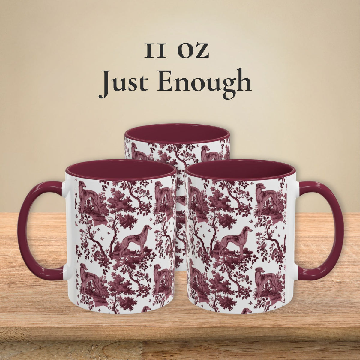 Silken Windhound petite cranberry toile 11 oz ceramic mug, left, front and right views